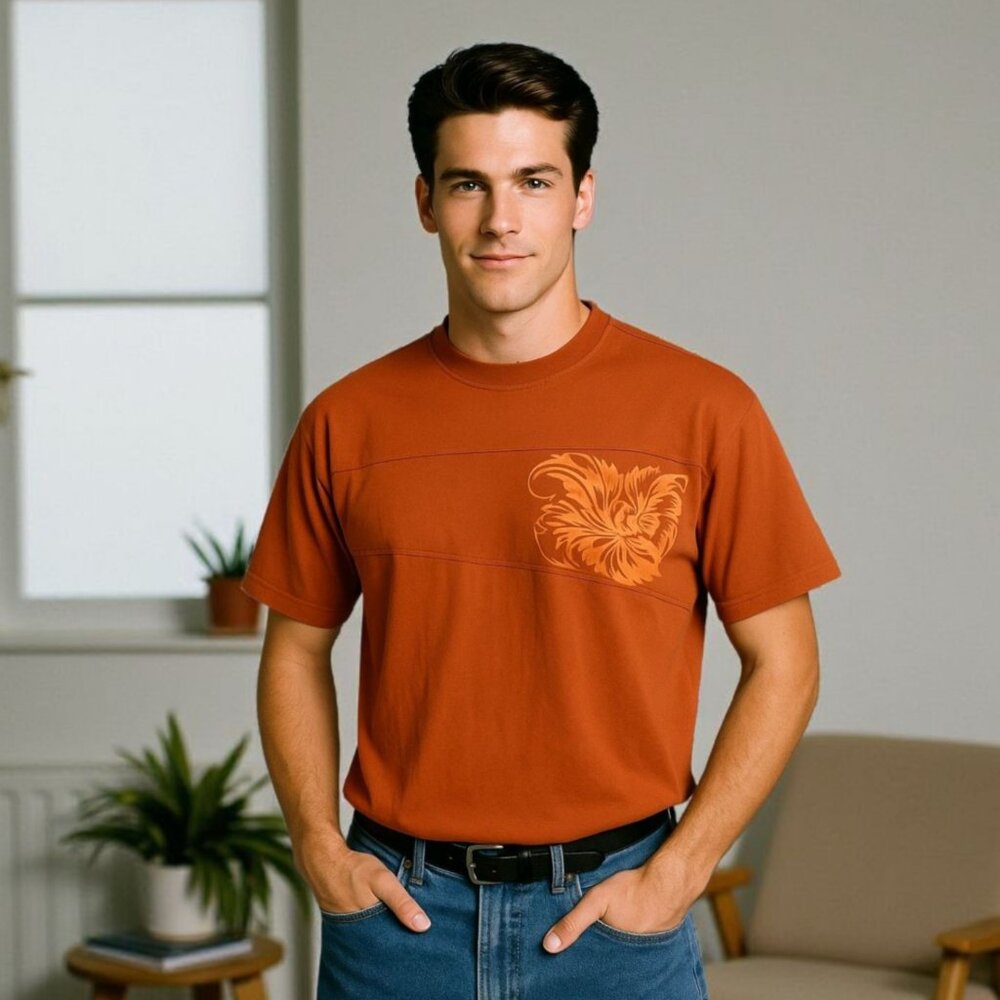 Vintage International Male Large Orange Graphic Tee Y2K Retro Grunge Preppy